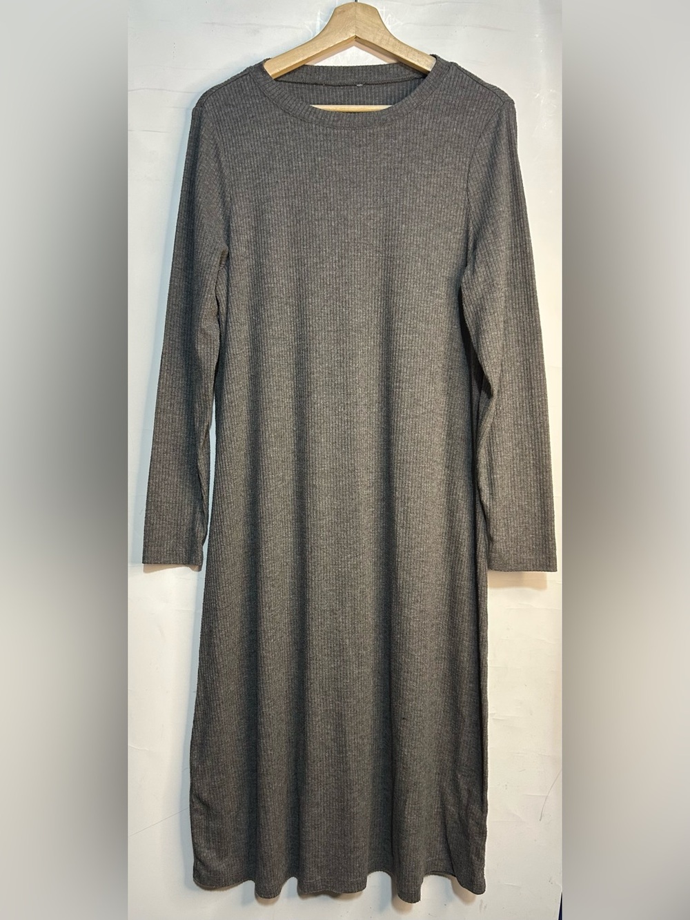 Grey Midi Pencil Ribbed Long Sleeve Dress Large (12-14)